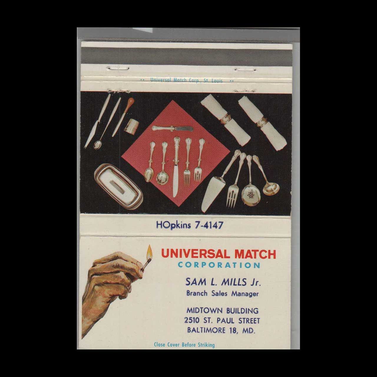 Universal Match Co. Sam Mills Branch Sales Mgr. Ba Vintage Matchbook Advertising Cover