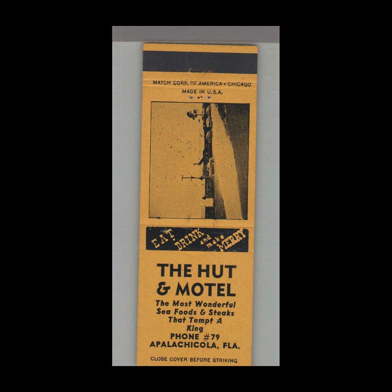 The Hut Restaurant &amp; Motel Apalachicola, FL Vintage Matchbook Advertising Cover