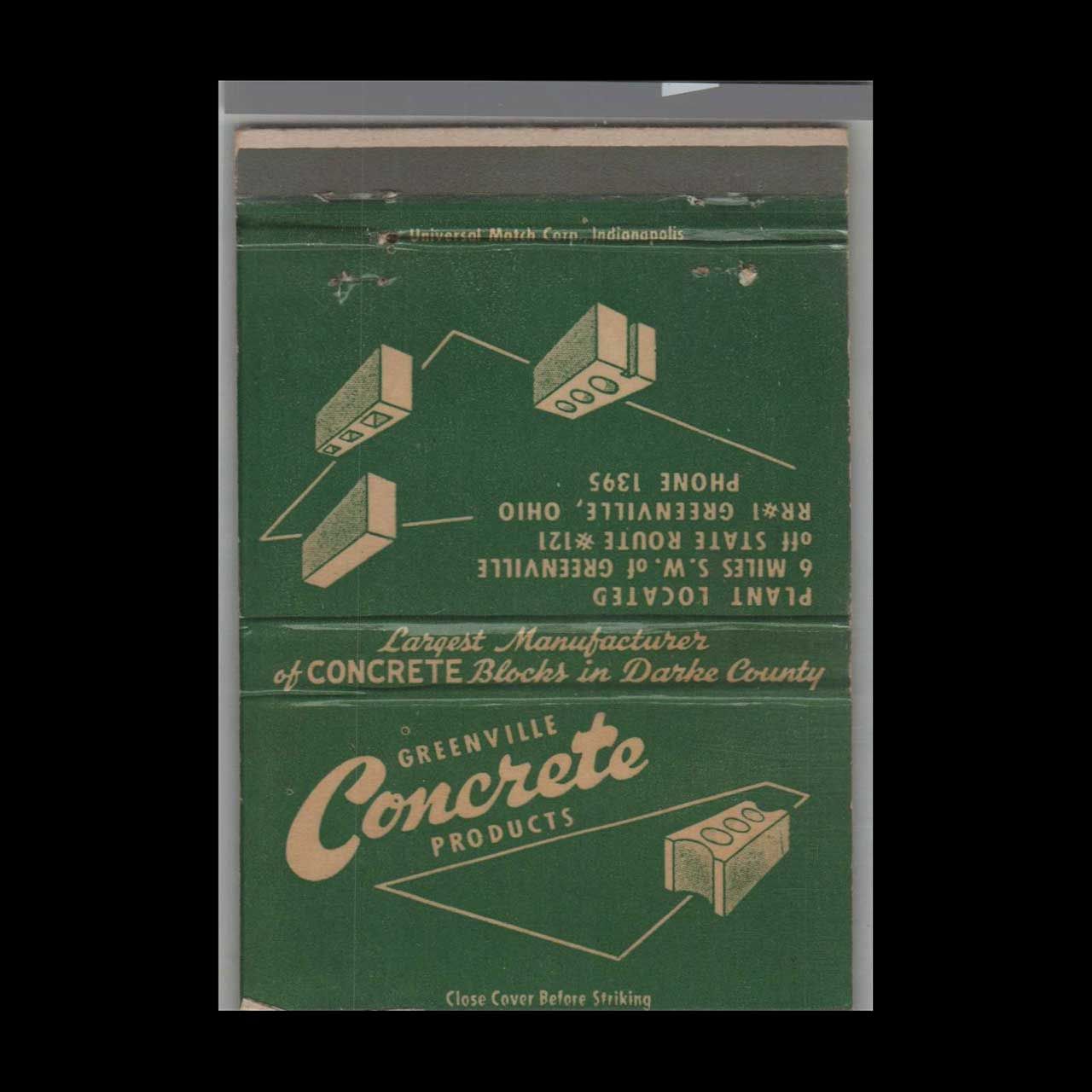 Greenville Concrete Products Greenville, OH Vintage Matchbook Advertising Cover