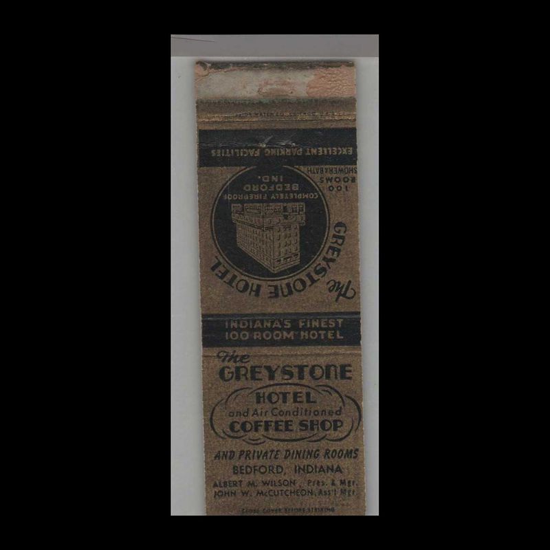 The Greystone Hotel &amp; Coffee Shop Bedford, IN Vintage Matchbook Advertising Cover
