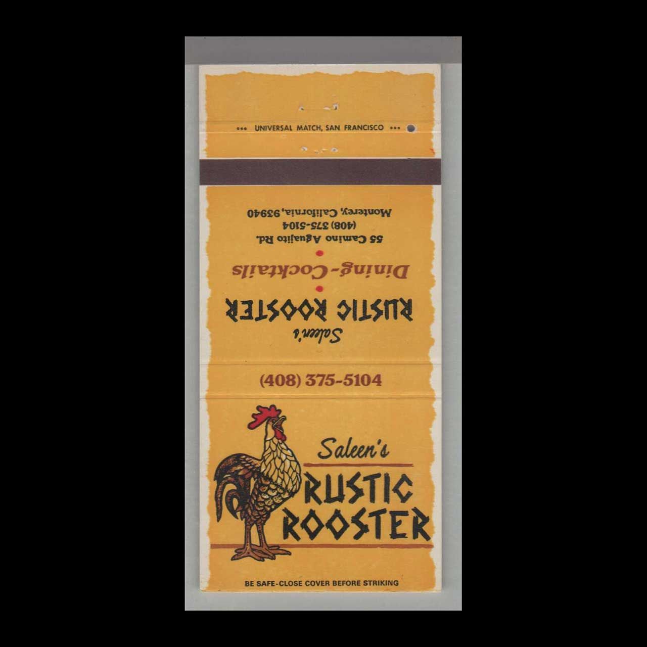 Rooster - Saleen&#39;s Rustic Rooster Monterey, CA Vintage Matchbook Advertising Cover