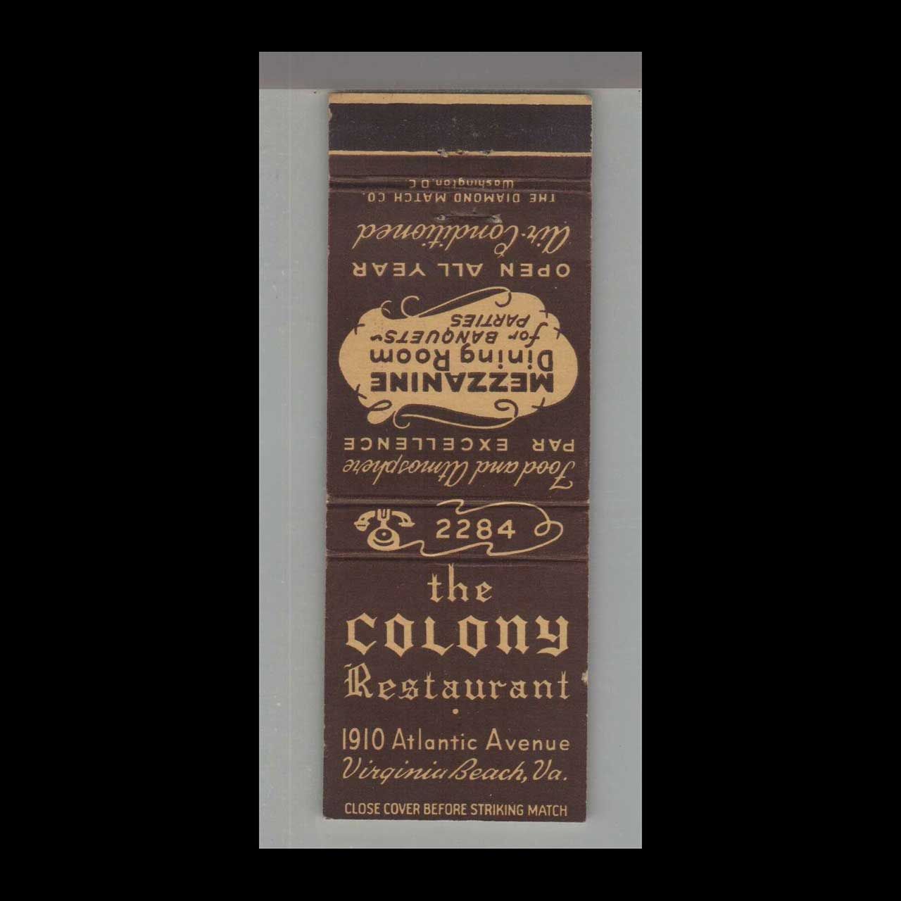 The Colony Restaurant Virginia Beach, VA Vintage Matchbook Advertising Cover
