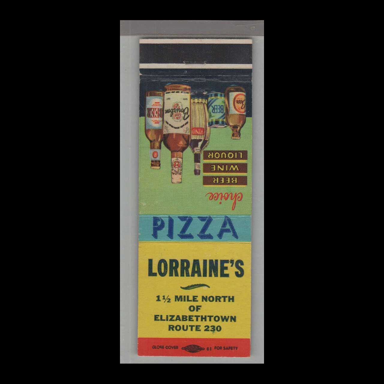 Pizza Place - Lorraine&#39;s Pizza Elizabethtown Vintage Matchbook Advertising Cover