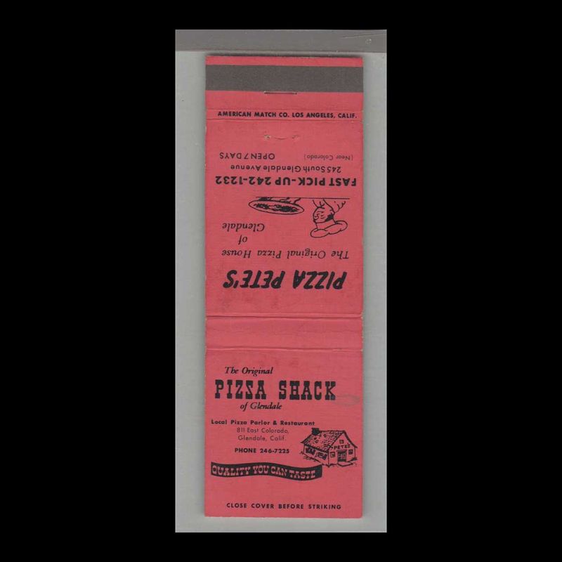 Pizza Place - Pizsa Shack Glendale, CA Vintage Matchbook Advertising Cover
