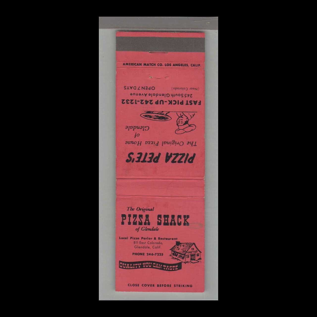 Pizza Place - Pizsa Shack Glendale, CA Vintage Matchbook Advertising Cover