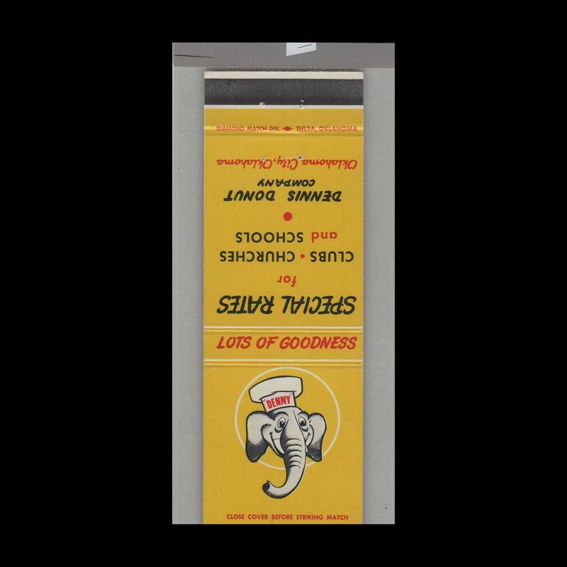 Elephant - Dennis Donut Company Oklahoma City, OK Vintage Matchbook Advertising Cover