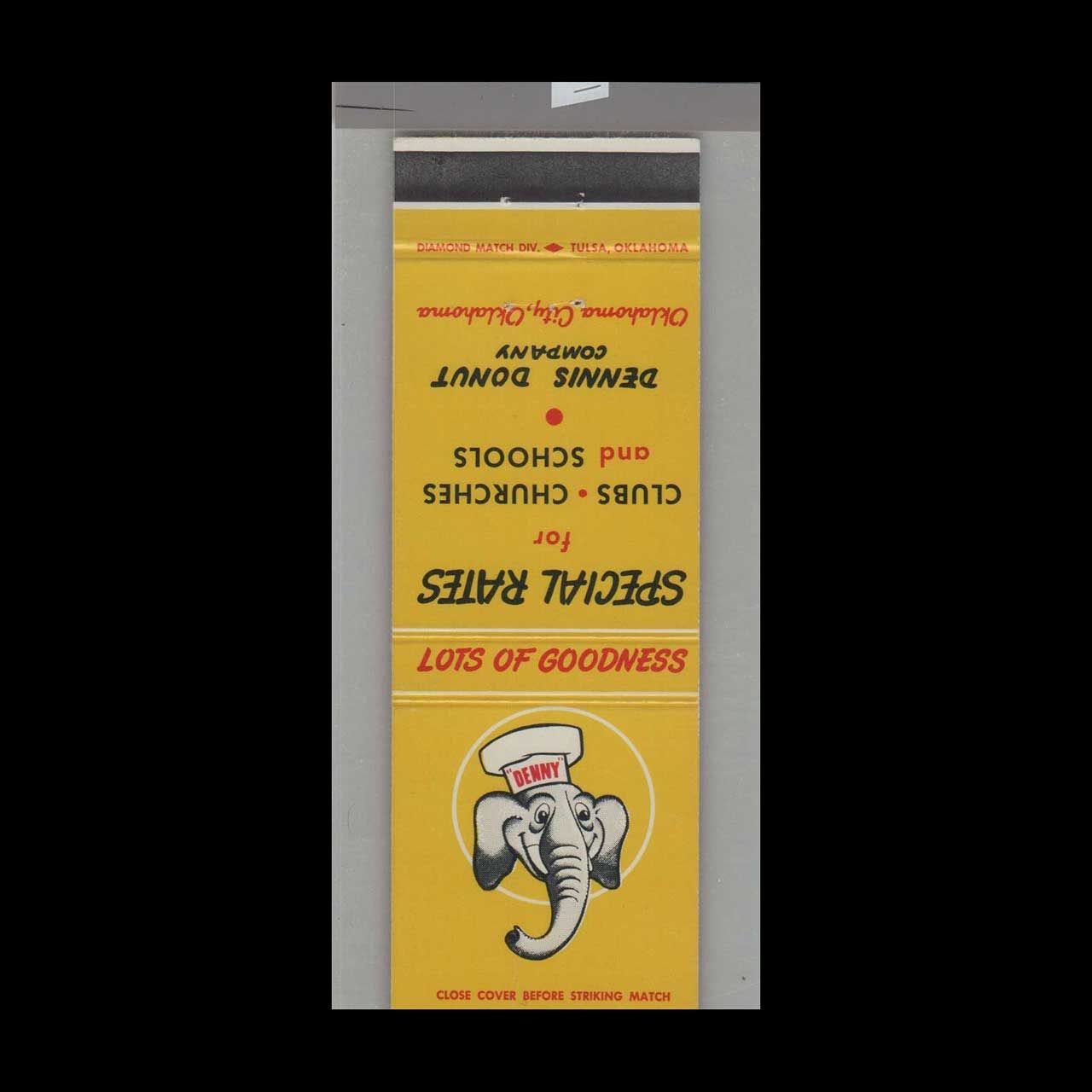 Elephant - Dennis Donut Company Oklahoma City, OK Vintage Matchbook Advertising Cover