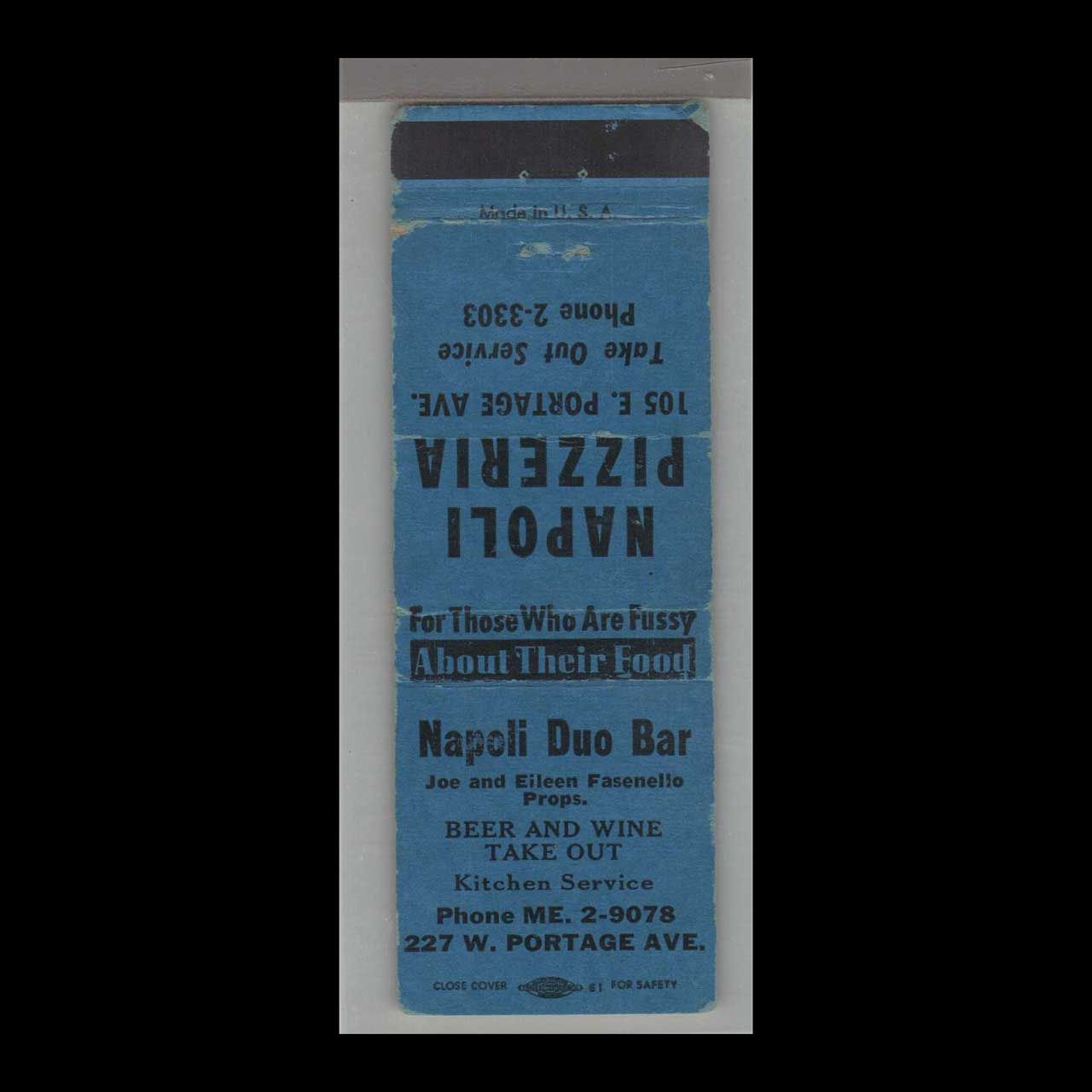 Pizza Place - Napoli Duo Bar Portage Ave. Vintage Matchbook Advertising Cover