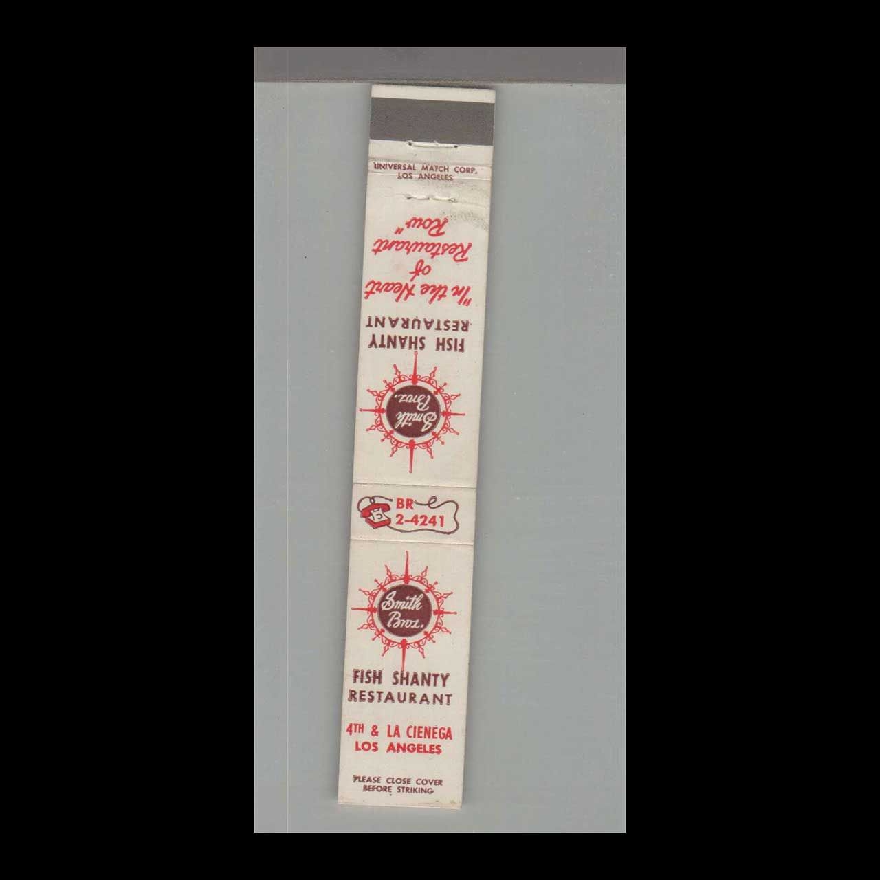 10 Strike  Fish Shanty Restaurant Los Angeles, Vintage Matchbook Advertising Cover