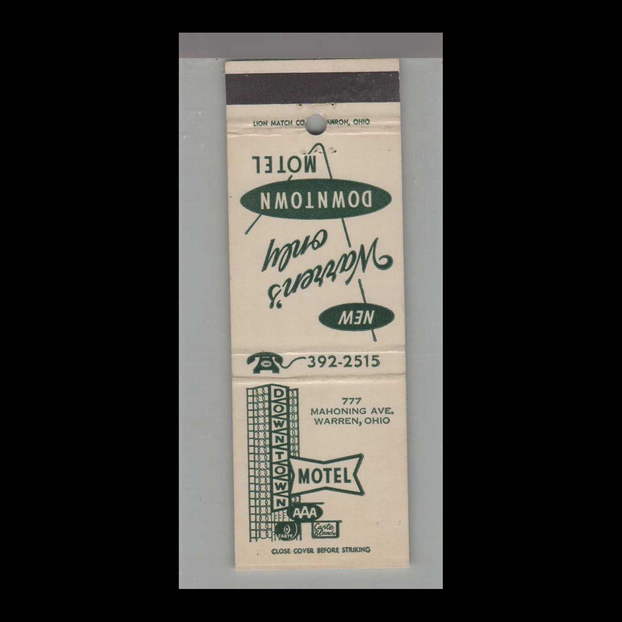 Downtown Motel Warren, OH Vintage Matchbook Advertising Cover