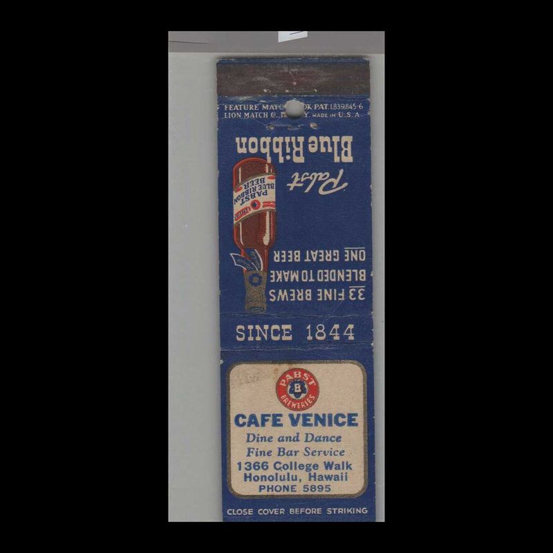 Café Venice Honolulu, HI Pabst Blue Ribbon Beer Vintage Matchbook Advertising Cover