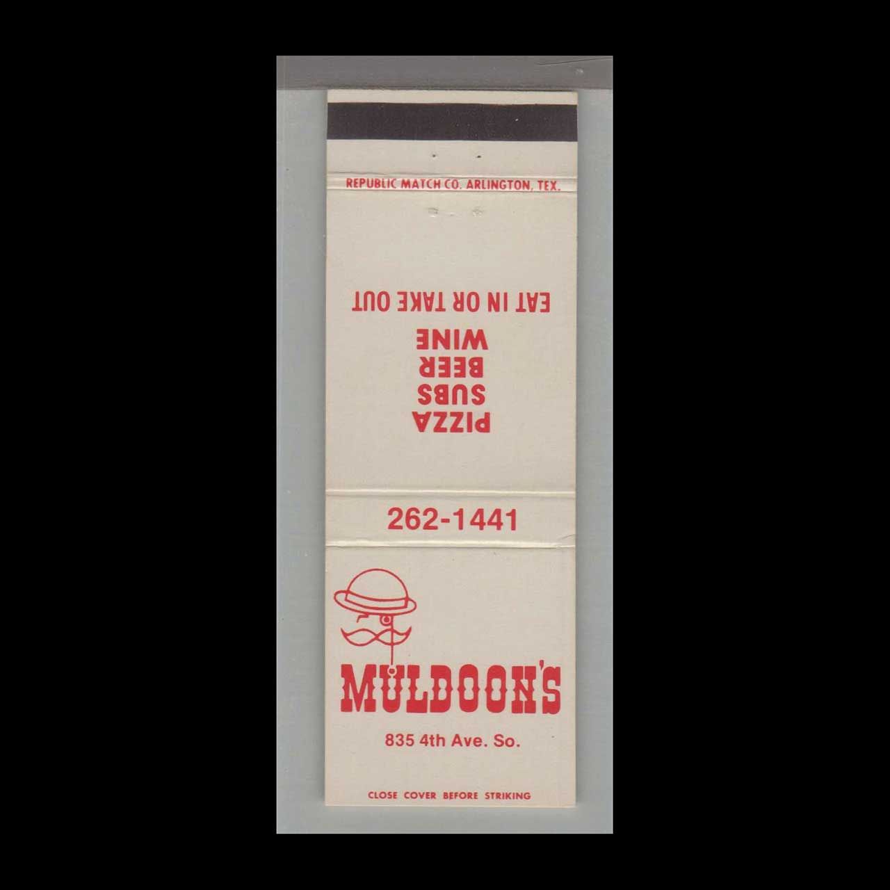 Pizza Place - Muldoon&#39;s Pizza Arlington, TX Vintage Matchbook Advertising Cover
