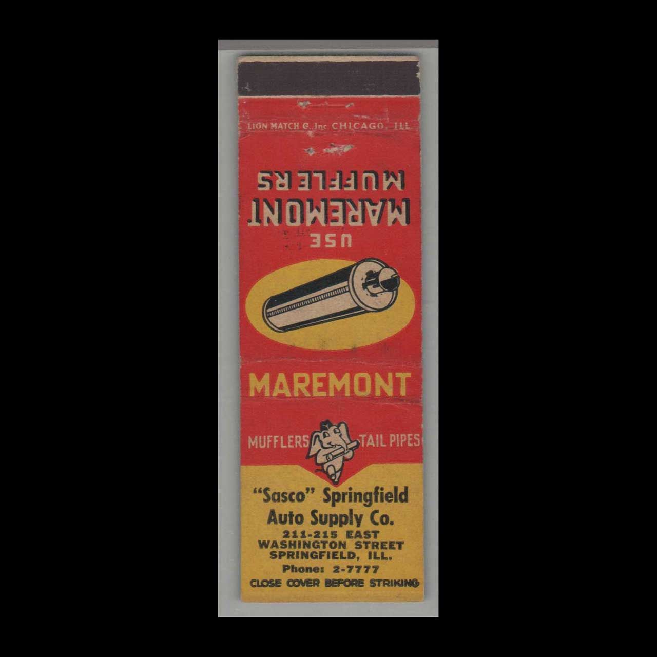 Elephant - Maremount Mufflers Sasco Auto Supply Springfield, I Vintage Matchbook Advertising Cover