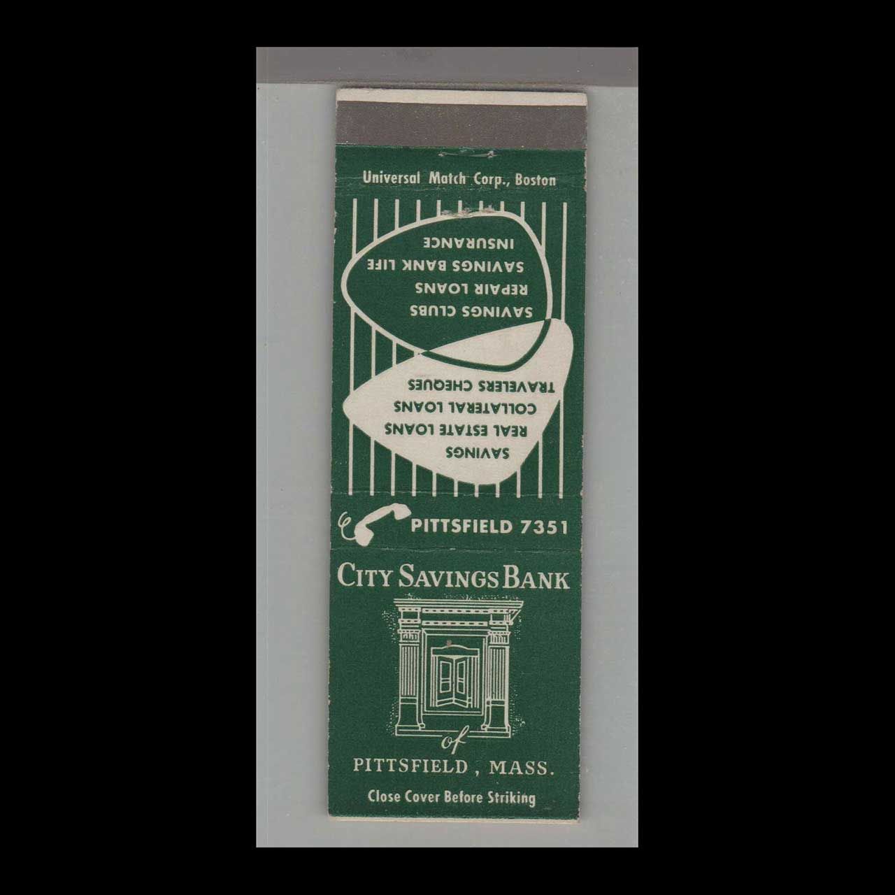 City Savings Bank Pittsfield, MA Vintage Matchbook Advertising Cover