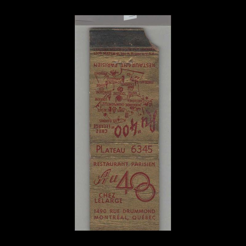 AU40 Parisien Restaurant Montreal, Quebec Vintage Matchbook Advertising Cover