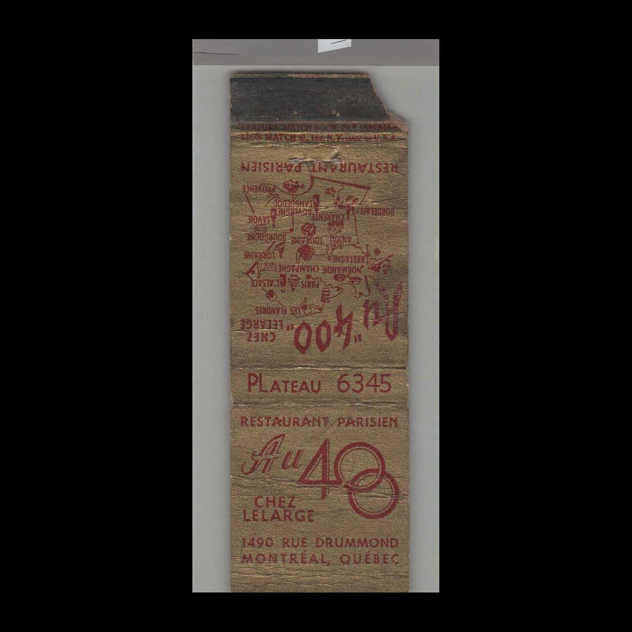 AU40 Parisien Restaurant Montreal, Quebec Vintage Matchbook Advertising Cover