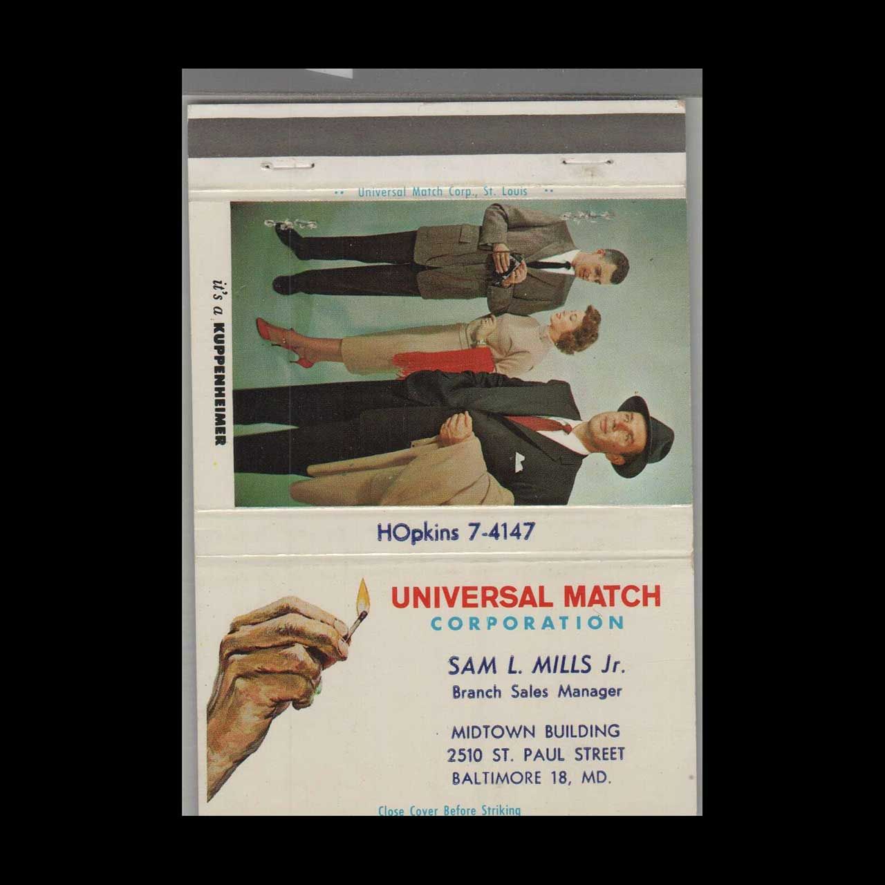 Universal Match Co. Sam Mills Branch Sales Mgr. Ba Vintage Matchbook Advertising Cover