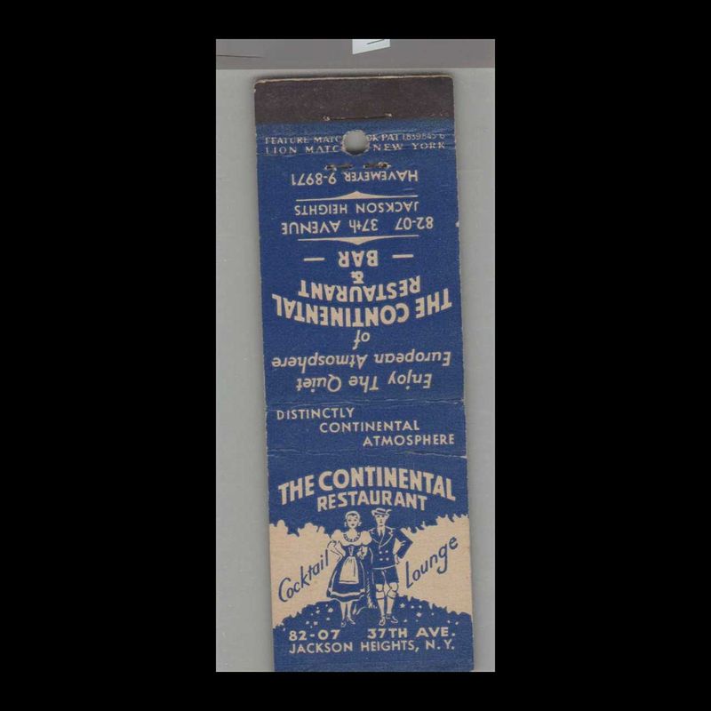 The Continental Restaurant Jackson Heights, NY Vintage Matchbook Advertising Cover