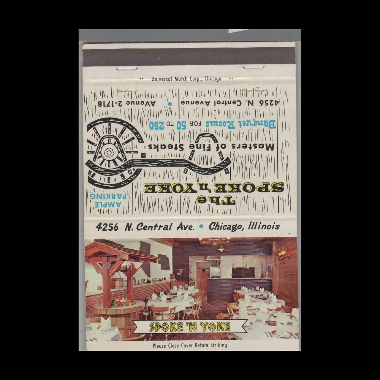 The Spoke &#39;n Yoke Restaurant Chicago, IL Vintage Matchbook Advertising Cover