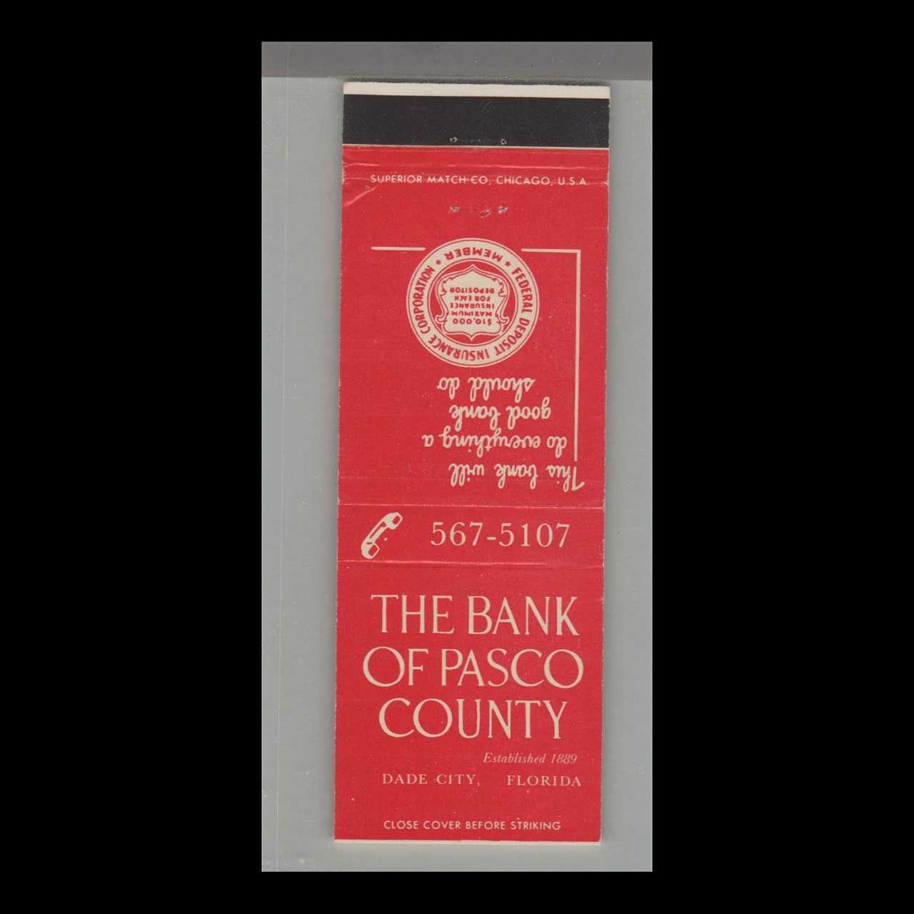 Telephone Pic - The Bank of Pasco County Dade City, FL Vintage Matchbook Advertising Cover