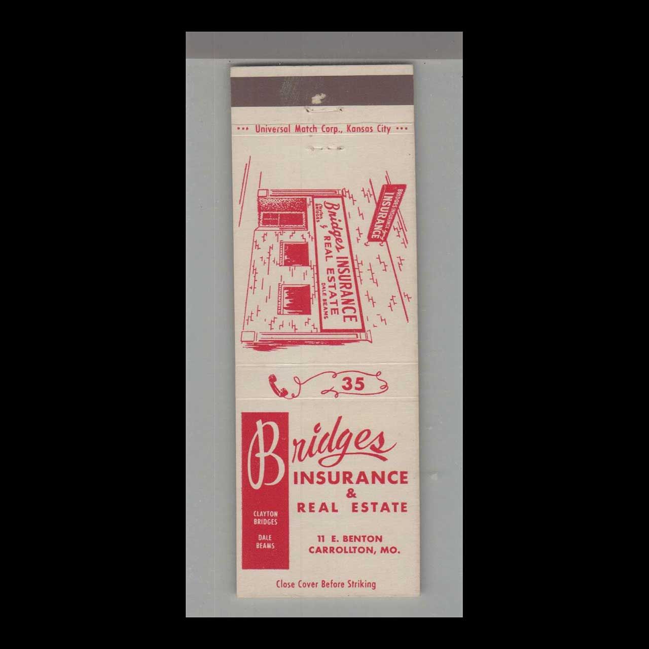 Bridges Insurance &amp; Real Estate Carrolton, MO Vintage Matchbook Advertising Cover