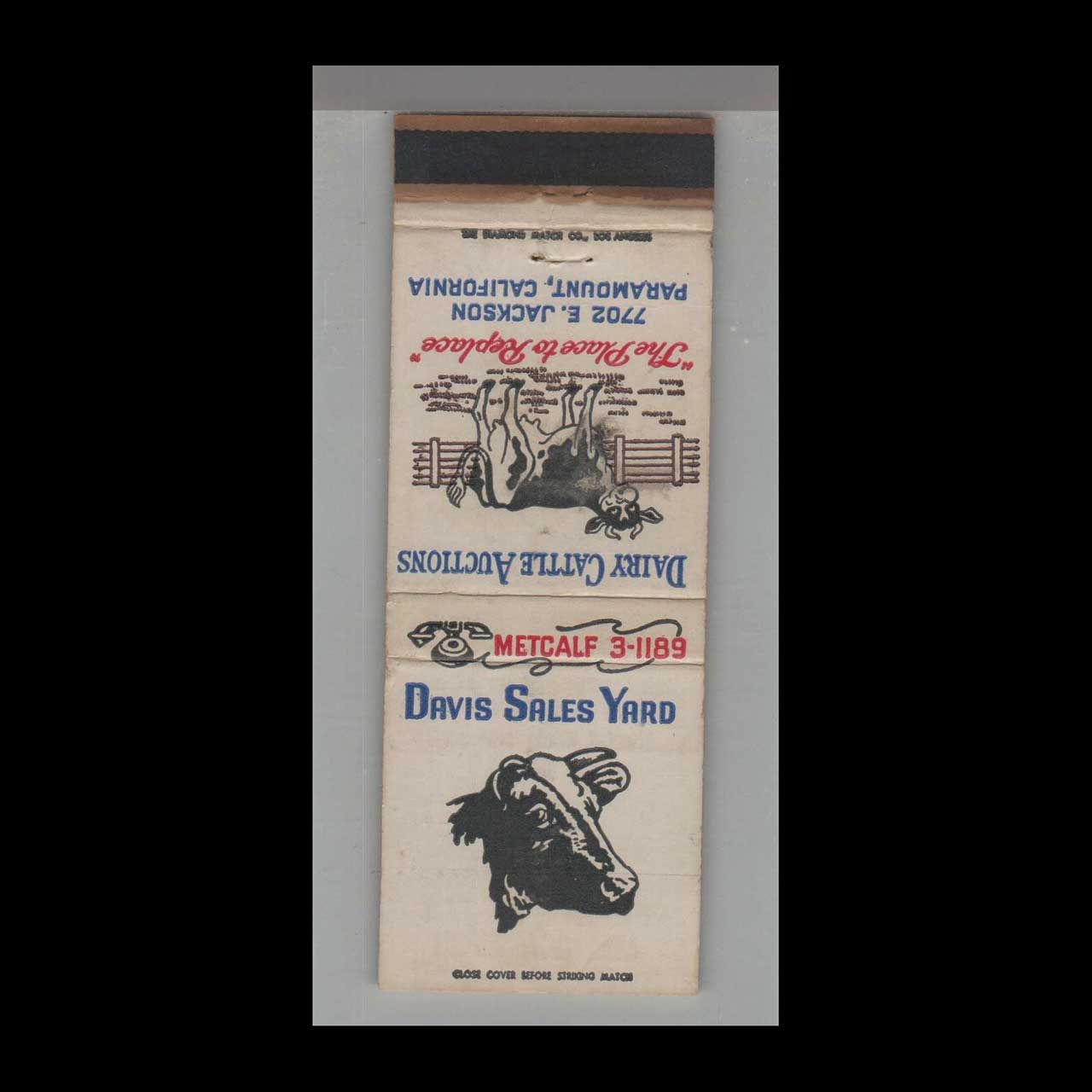 Davis Sales  Dairy Cattle Auction Paramount CA Vintage Matchbook Advertising Cover