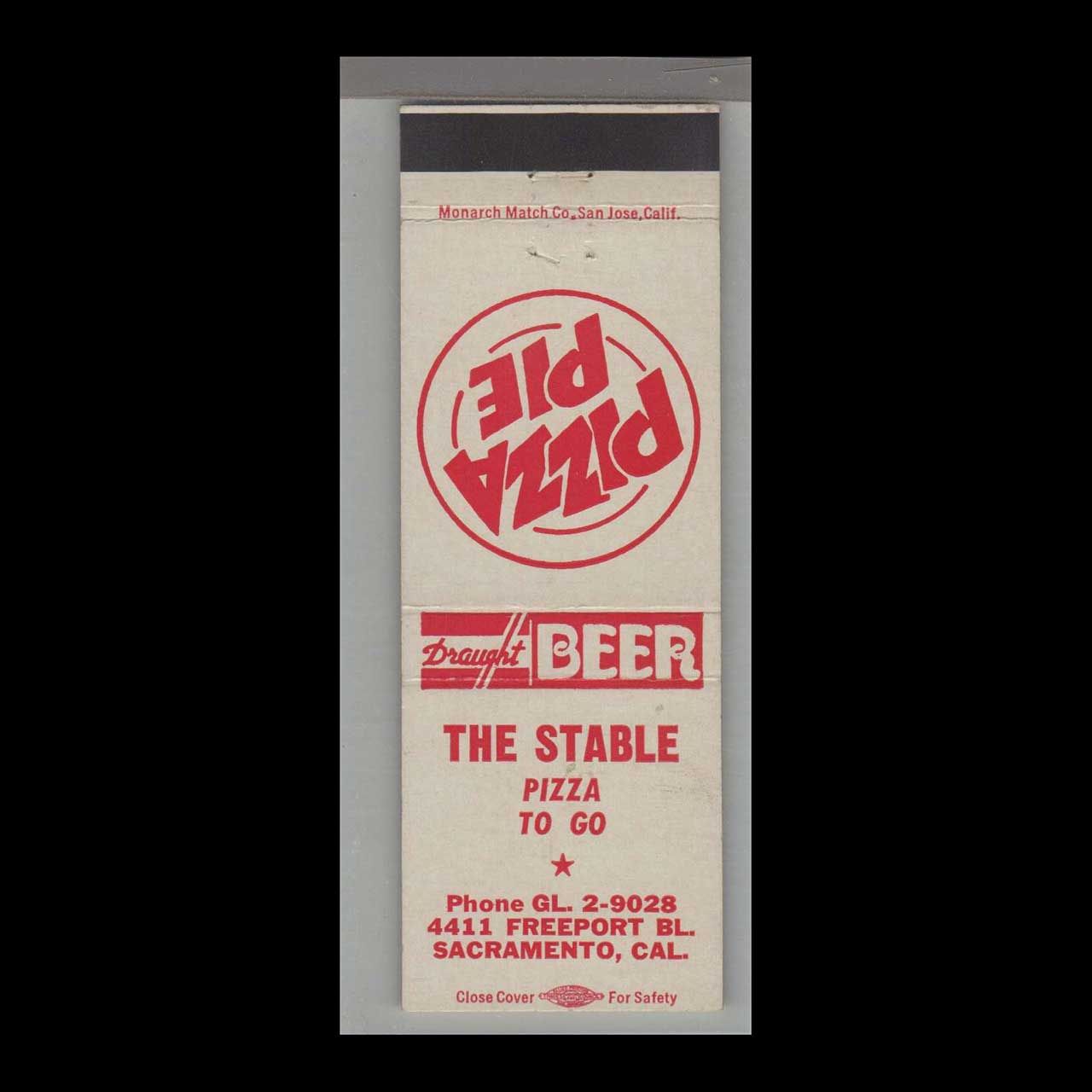 Pizza Place - The Stable Pizza to Go Sacramento, CA Vintage Matchbook Advertising Cover