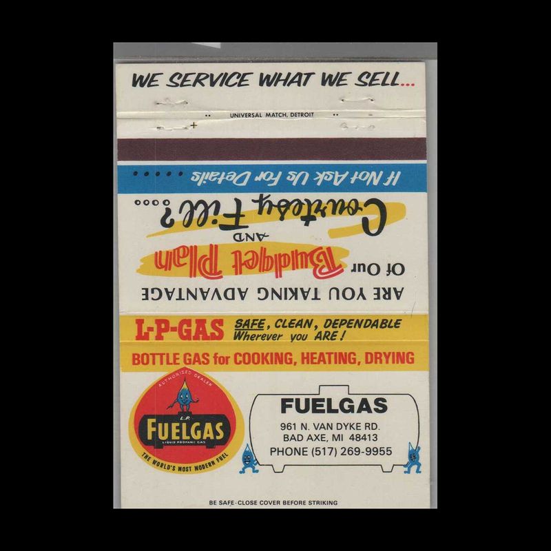 Fuel Gas LP Gas Bottle Gas Bad Axe, MI Vintage Matchbook Advertising Cover