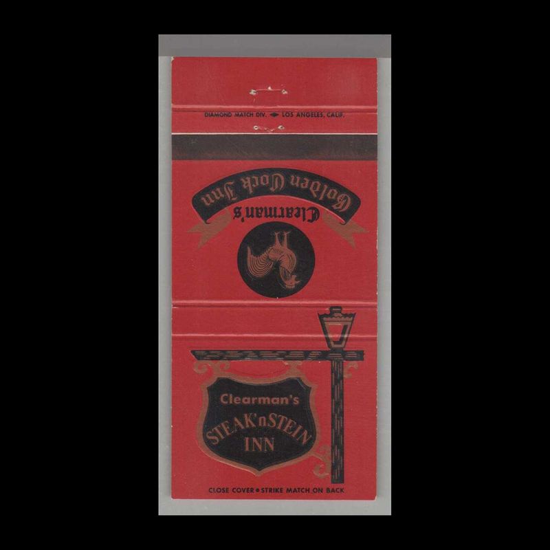 Rooster - Clearman&#39;s Steak &#39;n Stein Inn San Gabriel, CA Vintage Matchbook Advertising Cover