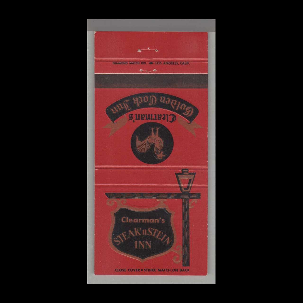 Rooster - Clearman&#39;s Steak &#39;n Stein Inn San Gabriel, CA Vintage Matchbook Advertising Cover