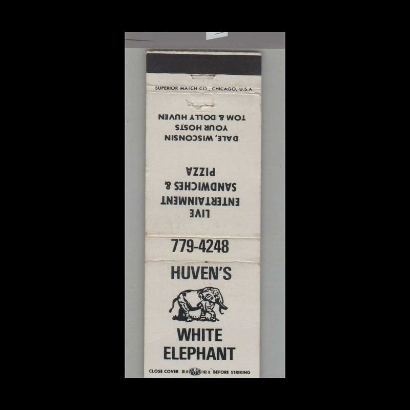 Elephant - Huven&#39;s White Elephant Live Entertainment Dale, WI Vintage Matchbook Advertising Cover