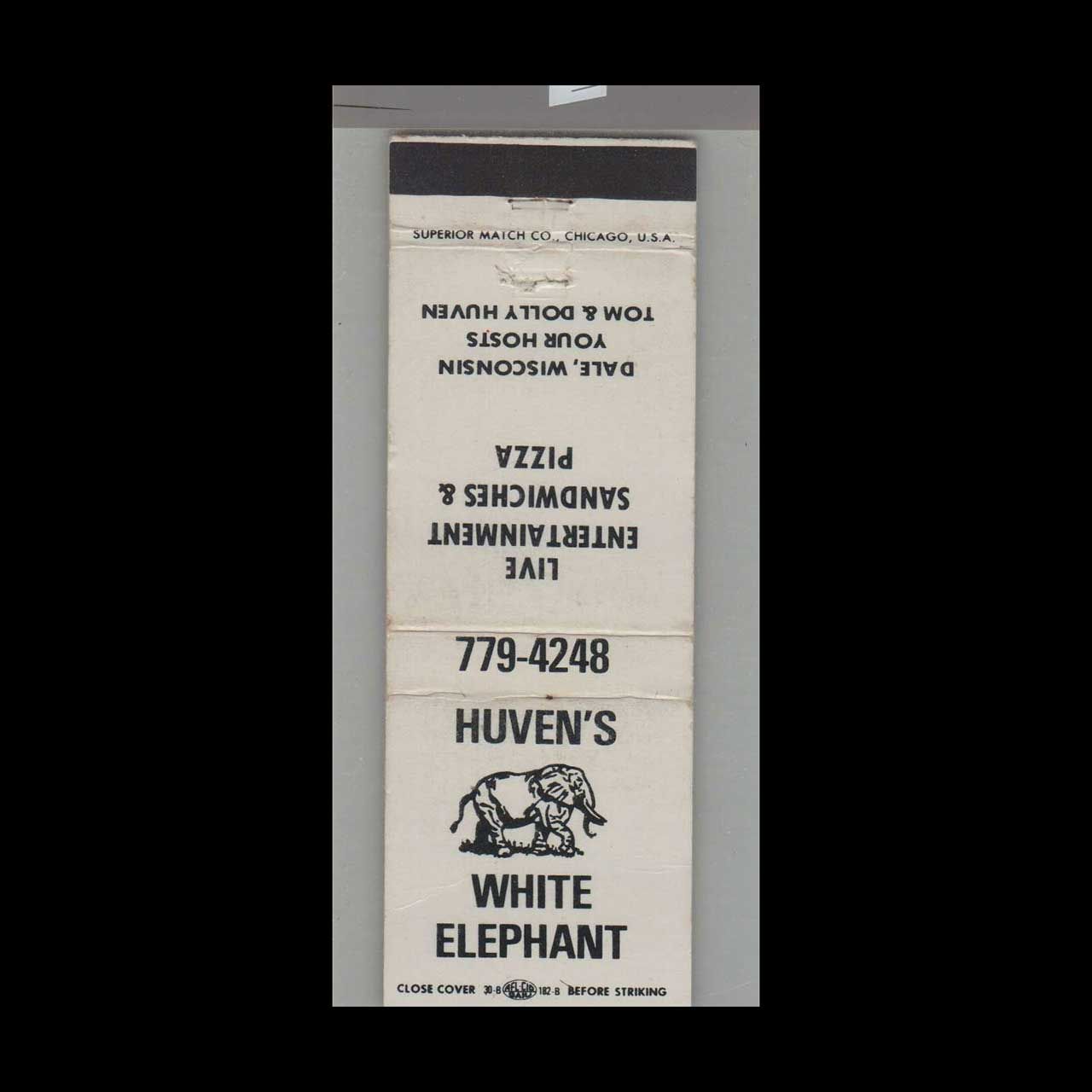 Elephant - Huven&#39;s White Elephant Live Entertainment Dale, WI Vintage Matchbook Advertising Cover