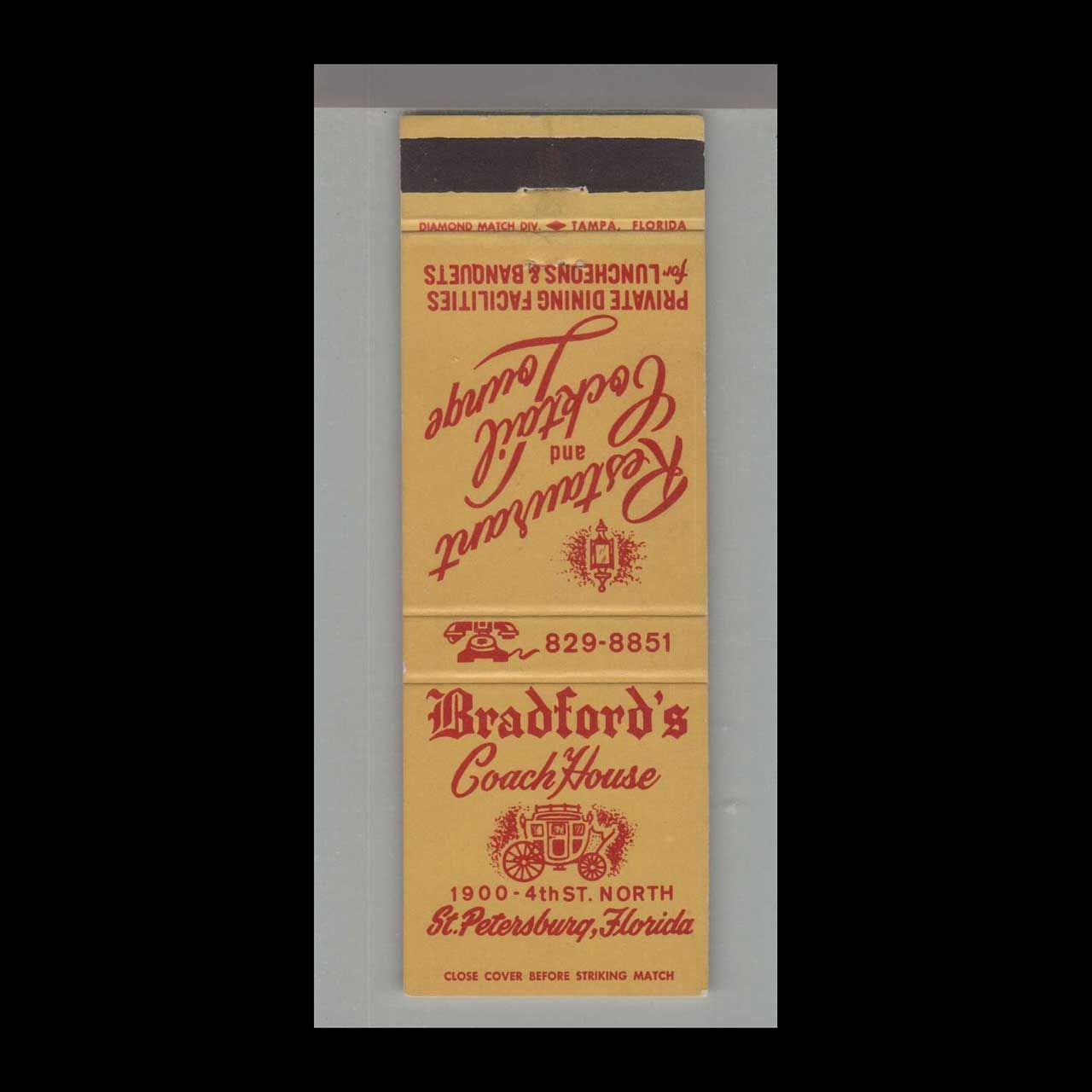 Bradford&#39;s Coach House Restaurant St. Petersbu Vintage Matchbook Advertising Cover