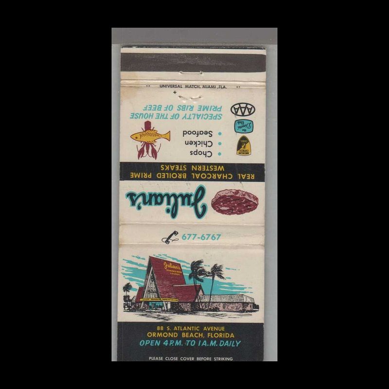 Julian&#39;s Western Steak Restaurant Ormond Beach, FL Vintage Matchbook Advertising Cover