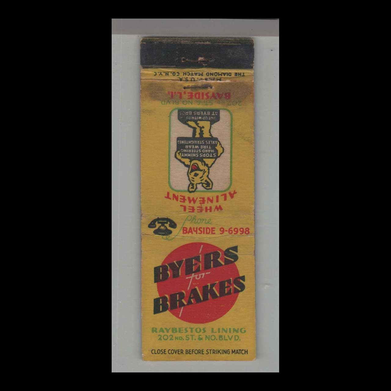 Byers For Brakes Raybestos Lining Bayside, IL Vintage Matchbook Advertising Cover