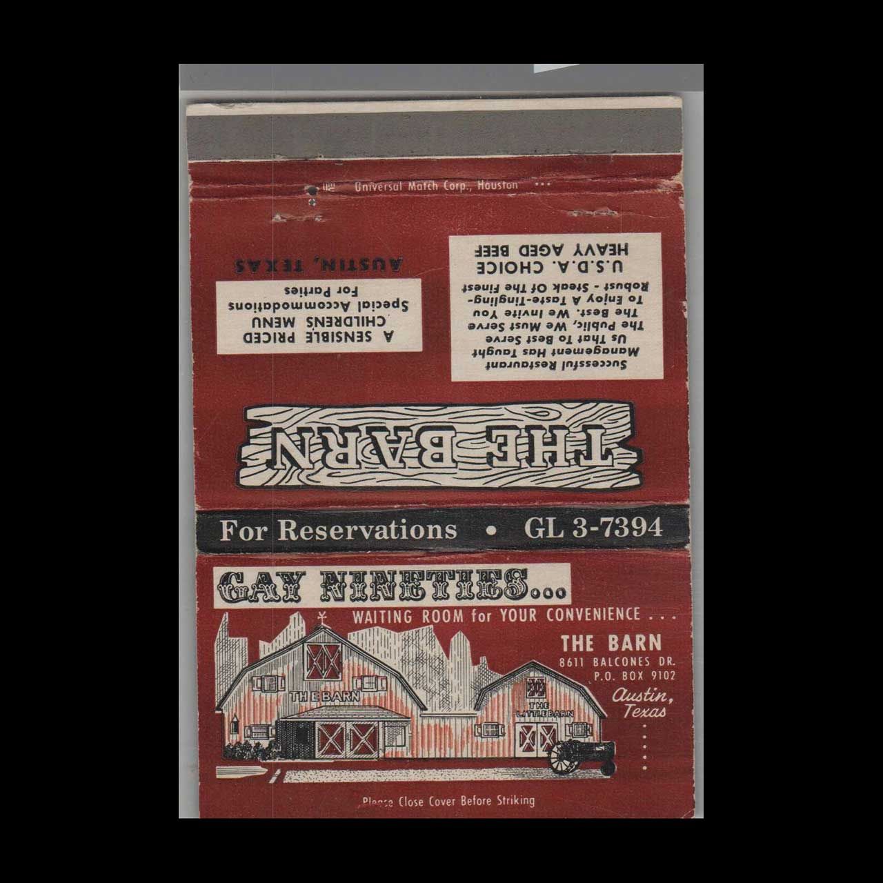 The Barn Restaurant Austin, TX Vintage Matchbook Advertising Cover