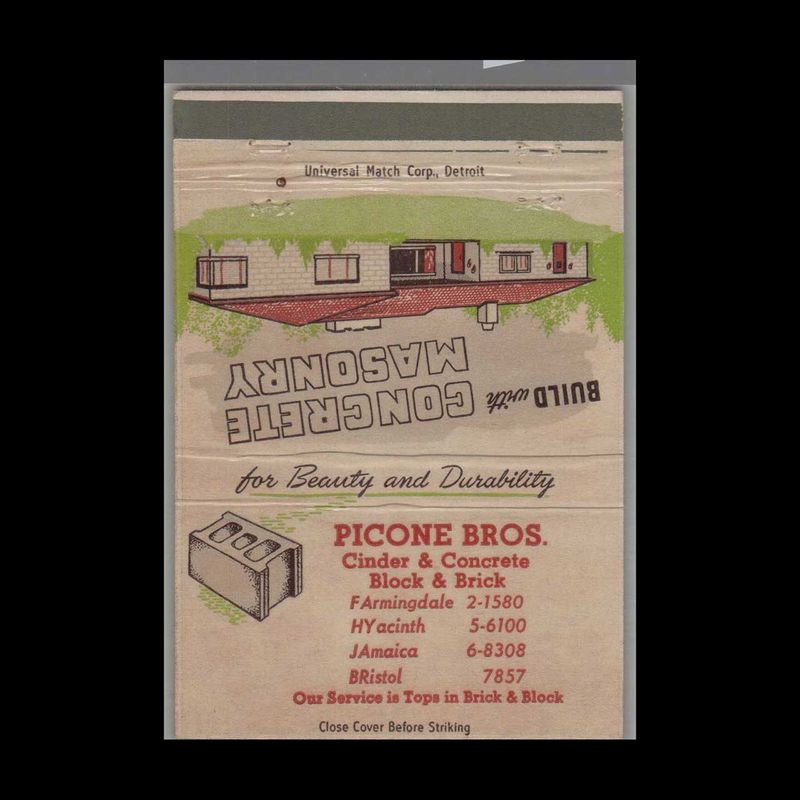 Picone Bros. Cinder &amp; Concrete Block &amp; Brick Vintage Matchbook Advertising Cover