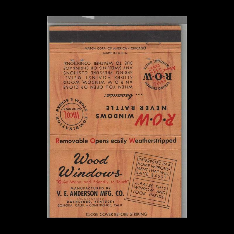 V.E. Anderson Manufacturing Wood Windows Owensboro Vintage Matchbook Advertising Cover