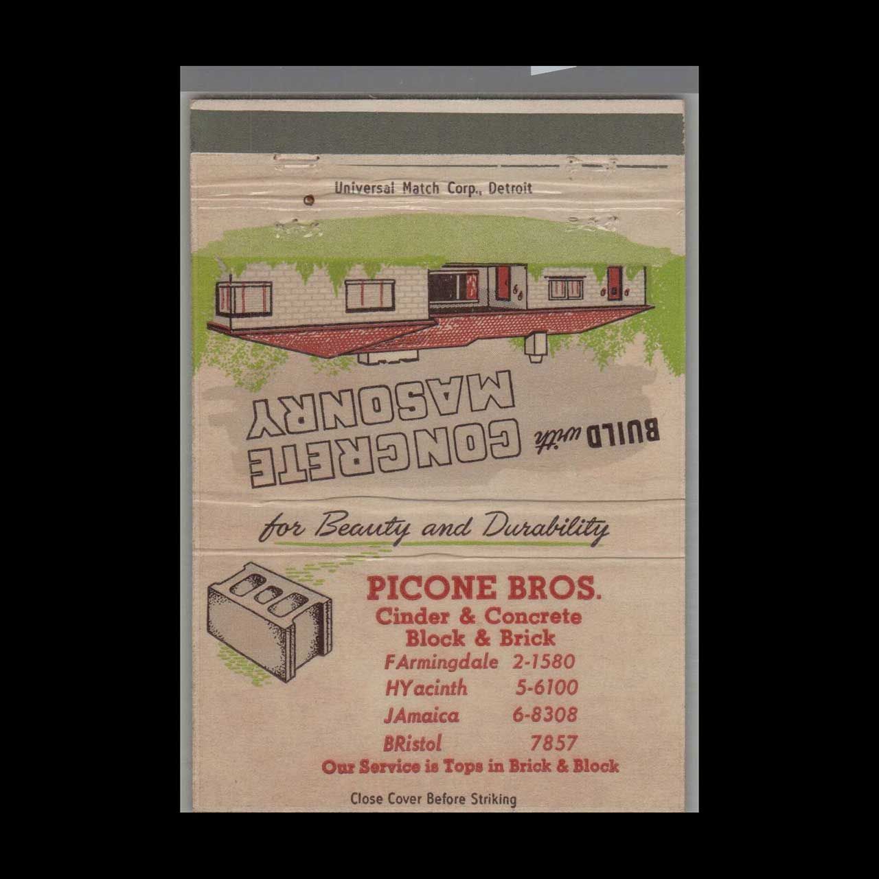 Picone Bros. Cinder &amp; Concrete Block &amp; Brick Vintage Matchbook Advertising Cover