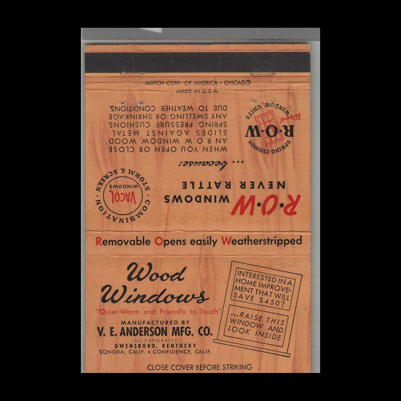 V.E. Anderson Manufacturing Wood Windows Owensboro Vintage Matchbook Advertising Cover