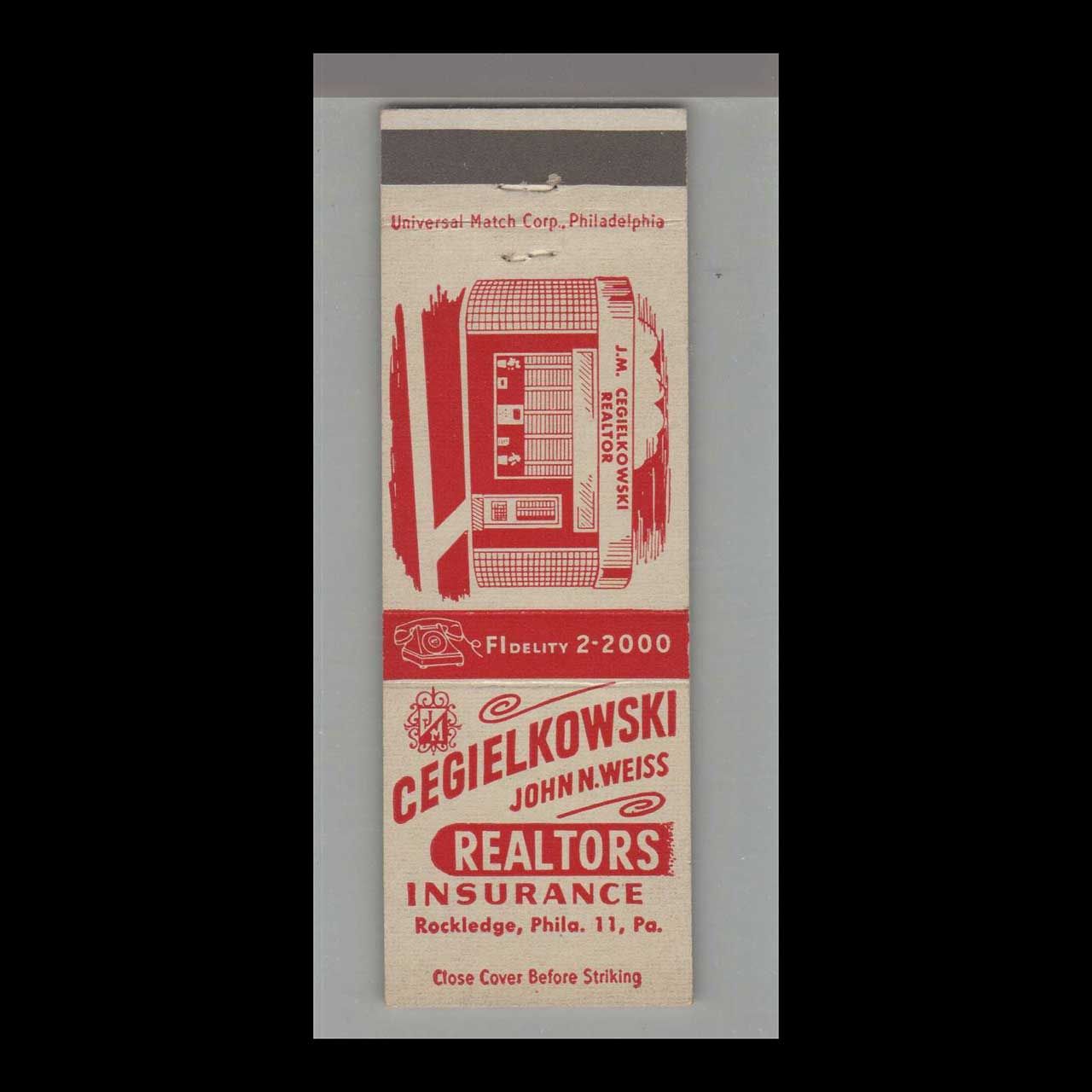 Cegielkowski Realtors &amp;  Rockledge, Philadelph Vintage Matchbook Advertising Cover
