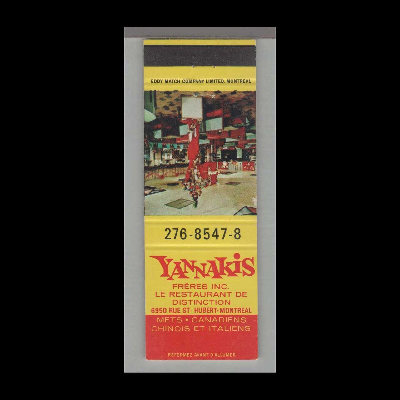 Matchorama - Yannakis Restaurant Montreal, Quebec Vintage Matchbook Advertising Cover