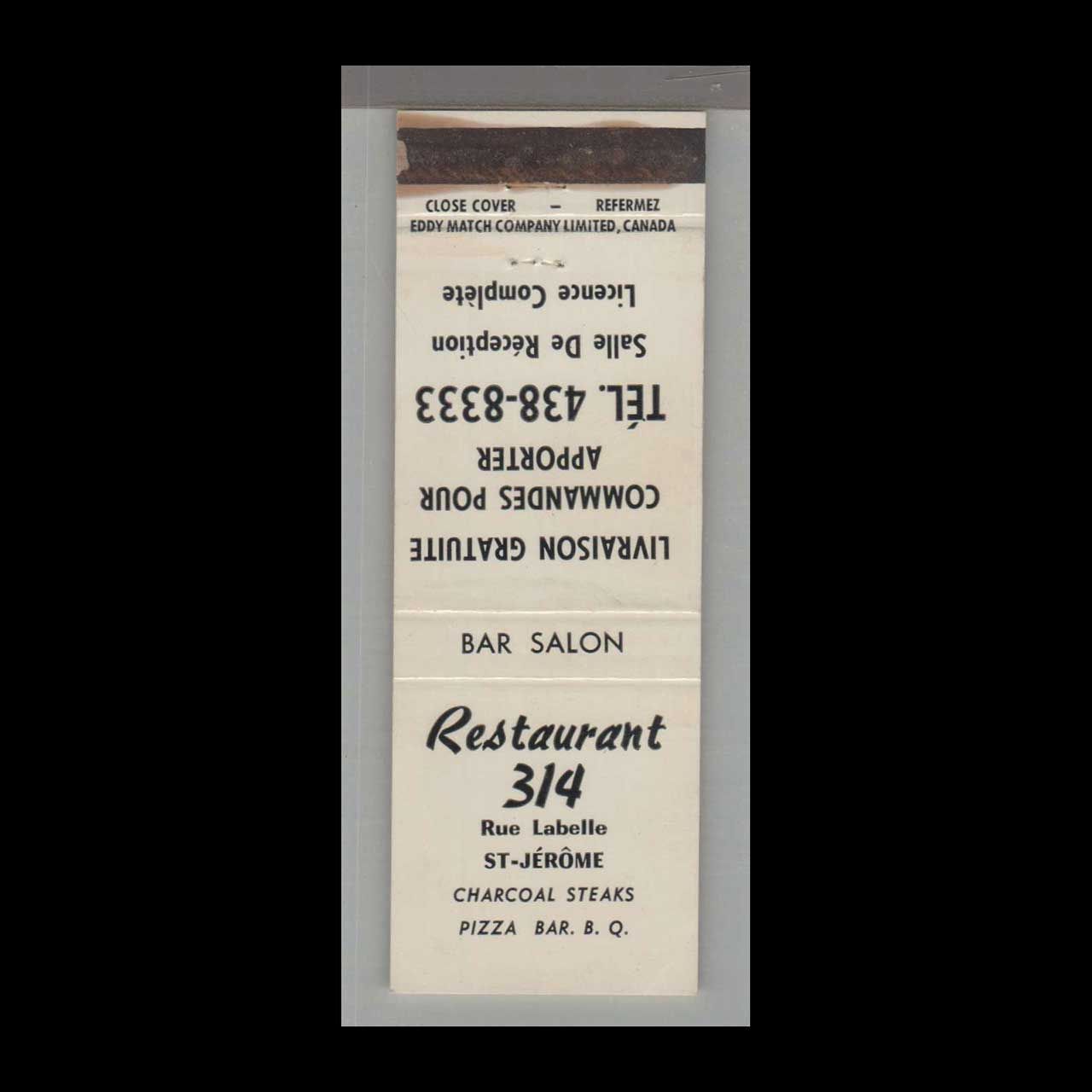 Pizza Place - Restaurant 314 St-Jerome Quebec Canada Vintage Matchbook Advertising Cover