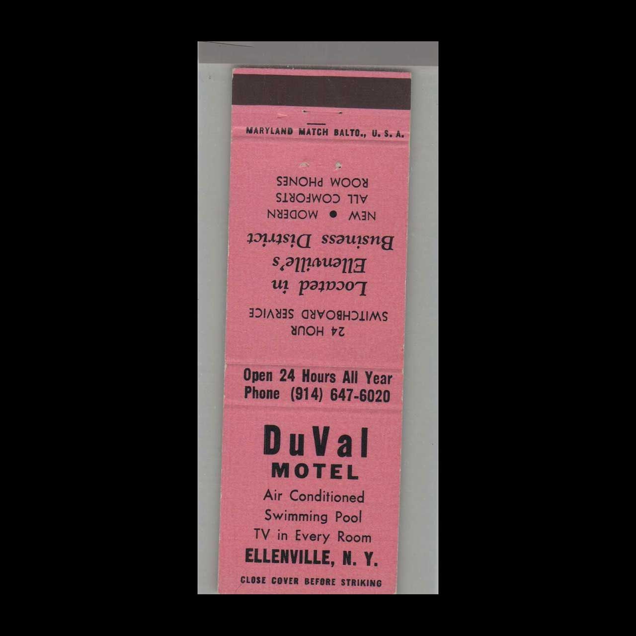 DuVal Motel Ellenville, NY Vintage Matchbook Advertising Cover