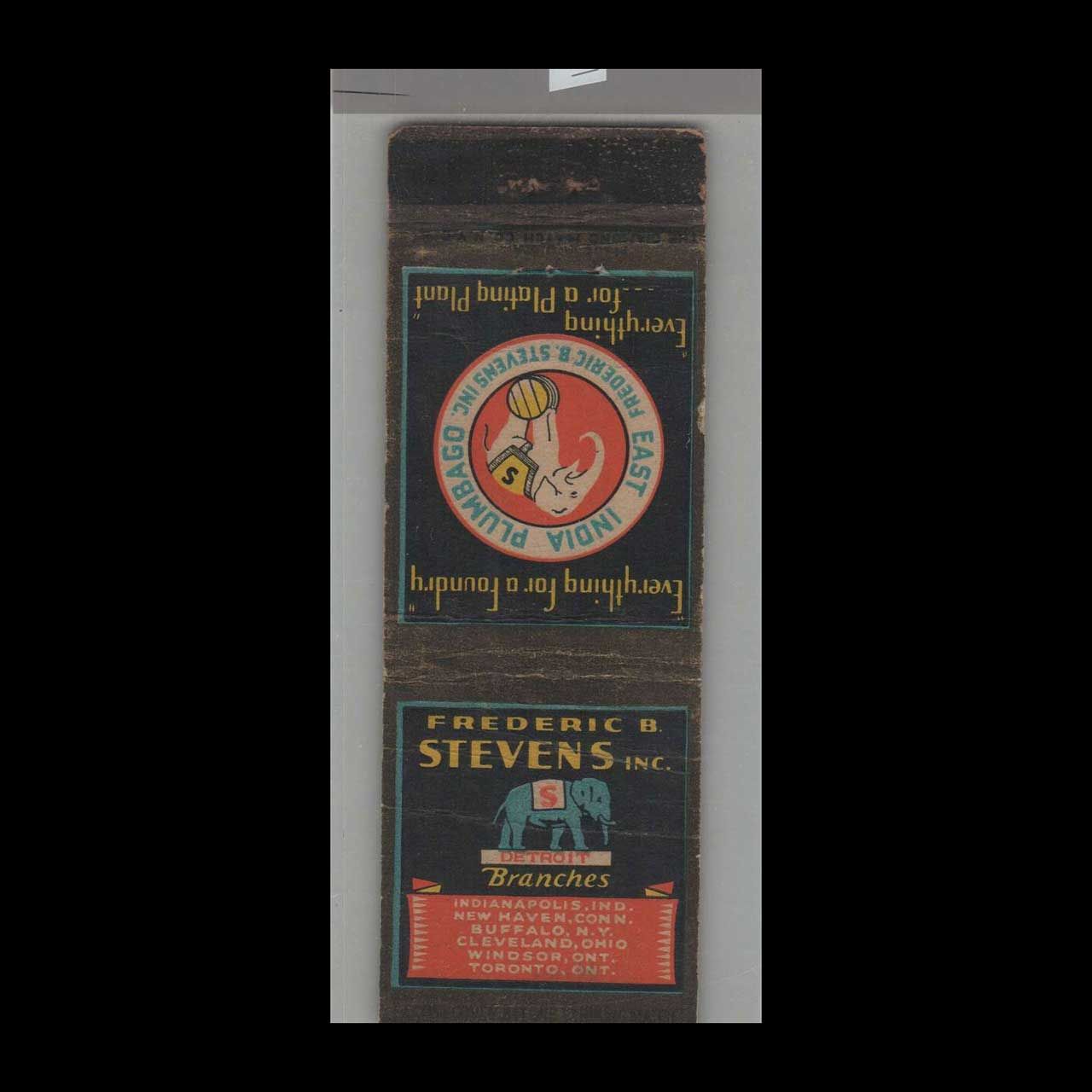Elephant - Frederic B. Stevens Everything For A Foundry Indian Vintage Matchbook Advertising Cover