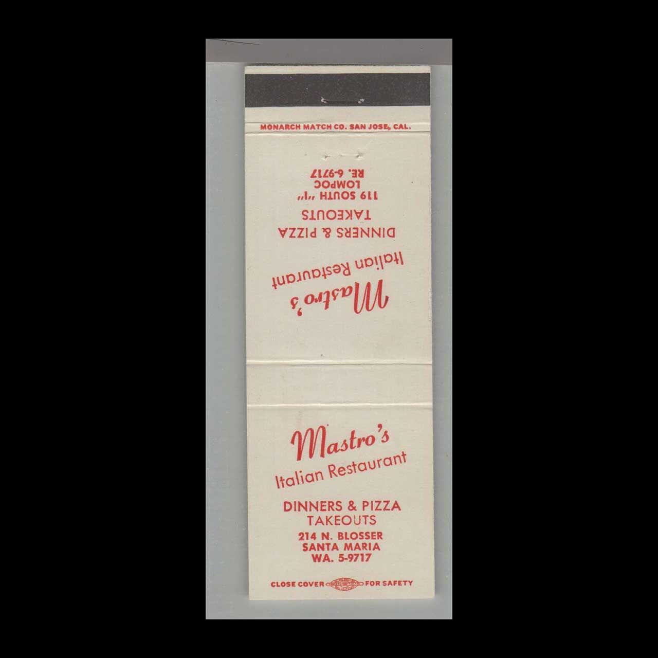 Pizza Place - Mastro&#39;s Italian Restaurant Santa Maria, CA Vintage Matchbook Advertising Cover