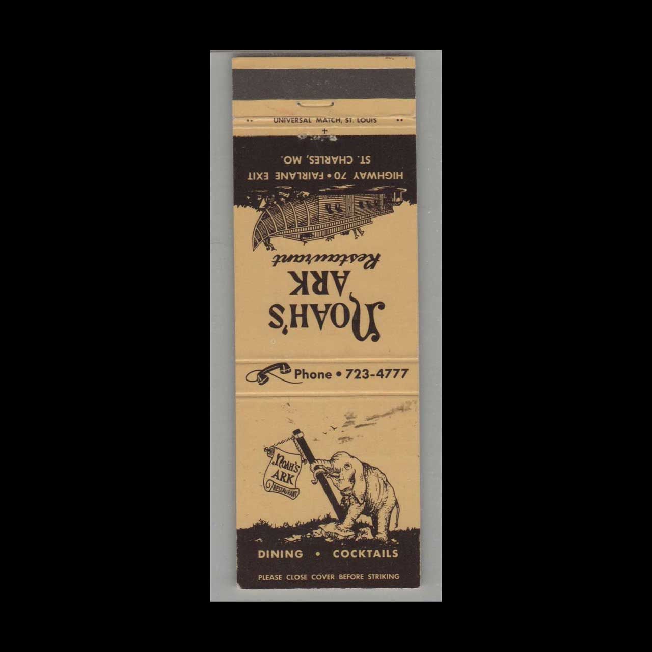 Elephant - Noah&#39;s Ark Restaurant St. Charles, MO Vintage Matchbook Advertising Cover