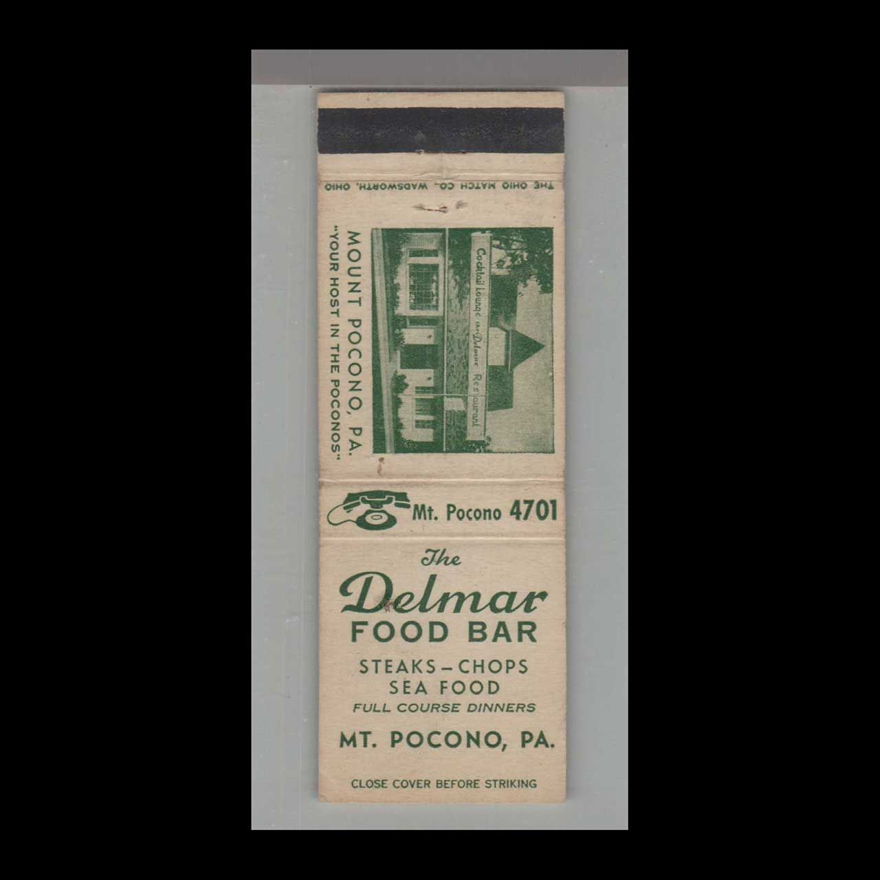 Delmar Food Bar Mt. Pocono, PA Vintage Matchbook Advertising Cover