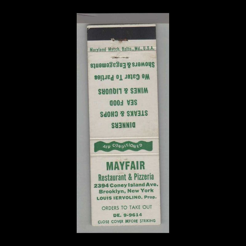Pizza Place - Mayfair Restaurant &amp; Pizzeria Brooklyn, NY Vintage Matchbook Advertising Cover
