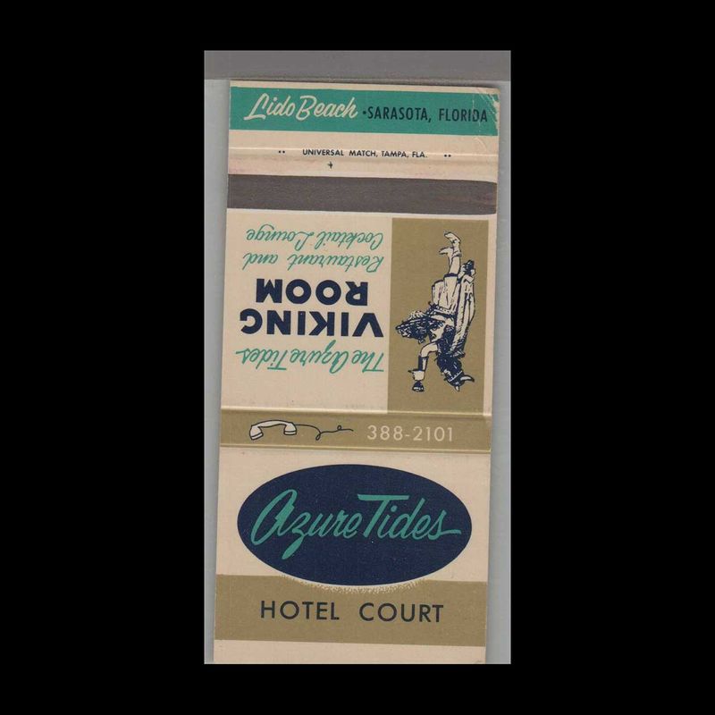 The Azure Tides Hotel Court Sarasota, FL Vintage Matchbook Advertising Cover